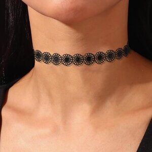 Black Velvet & Leather Lace Collar Necklace – Adjustable Gothic Choker